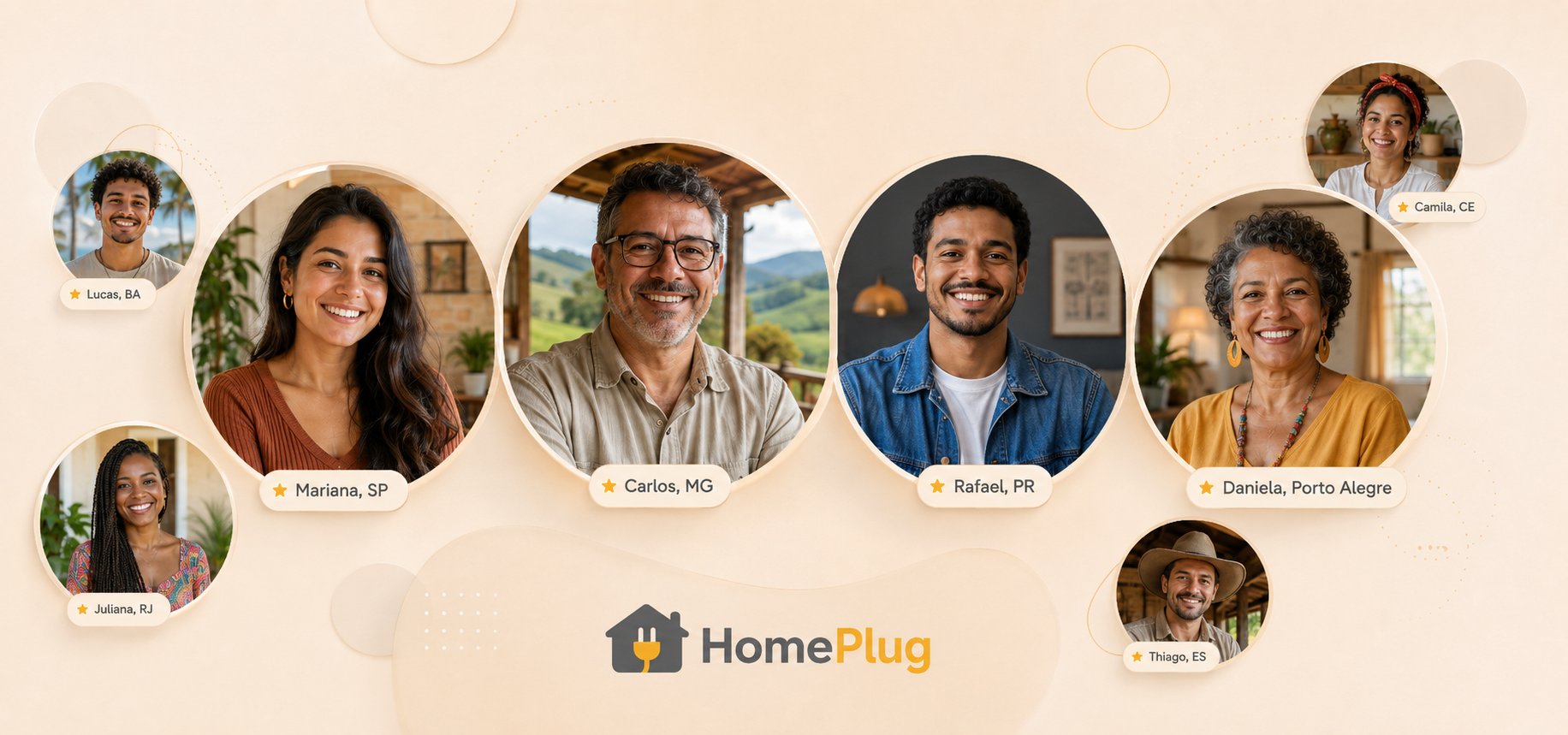 Avatares ilustrativos representando clientes da HomePlug em diferentes regiões do Brasil
